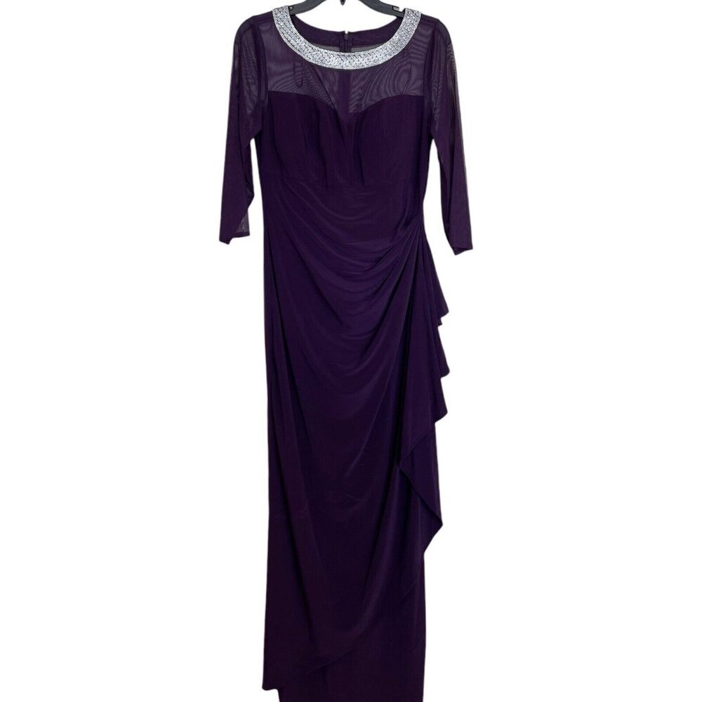 Alex Evening Dress Womens Size 8‎ Purple Rhinestone Embellished Ruched Ruffle
